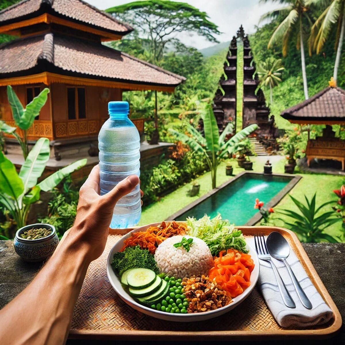 Bottled water and fresh food to avoid Bali Belly during your trip.