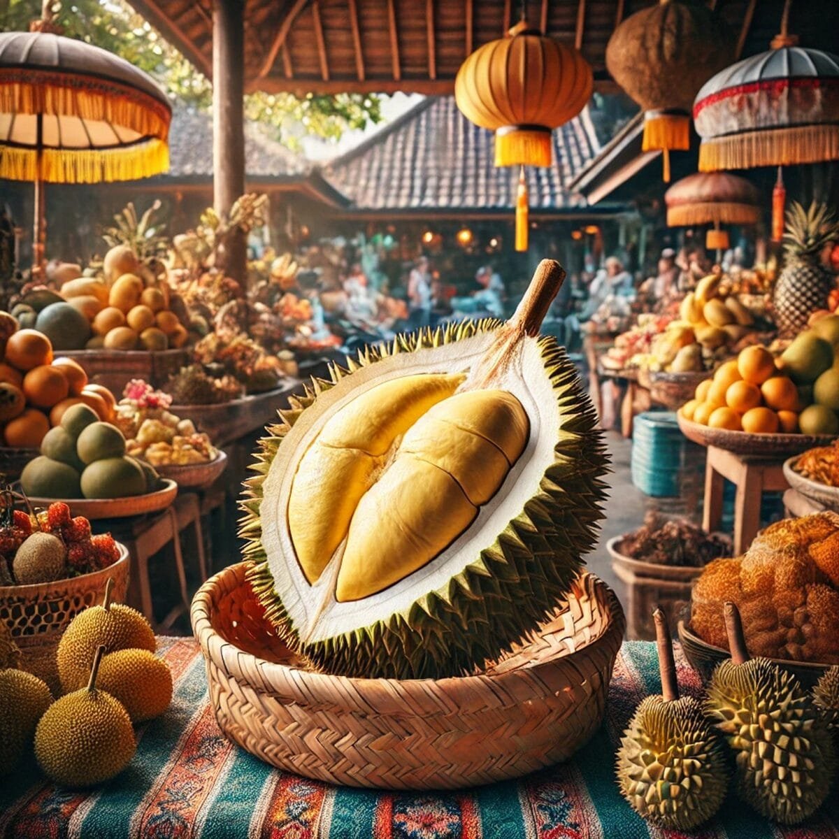 A freshly opened durian in a traditional Balinese market, with its creamy golden flesh visible.