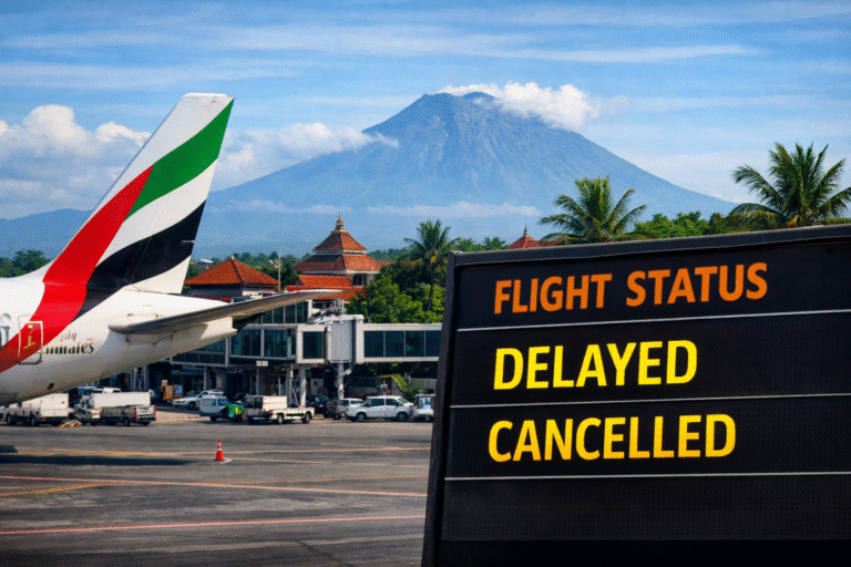 Zpožděné a zrušené lety na letišti Bali Denpasar během omezení letecké dopravy mezi Evropou a Asií