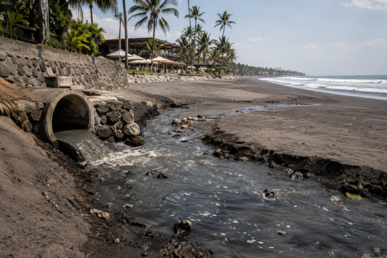 Kalná odpadní voda vytékající z potrubí na pláž s černým pískem v Canggu na Bali.