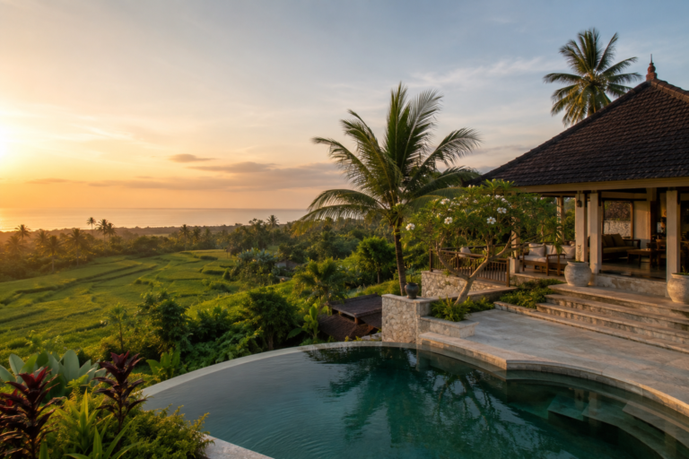 Ubytování na Bali s bazénem, tropickou zahradou, rýžovými poli a výhledem na moře