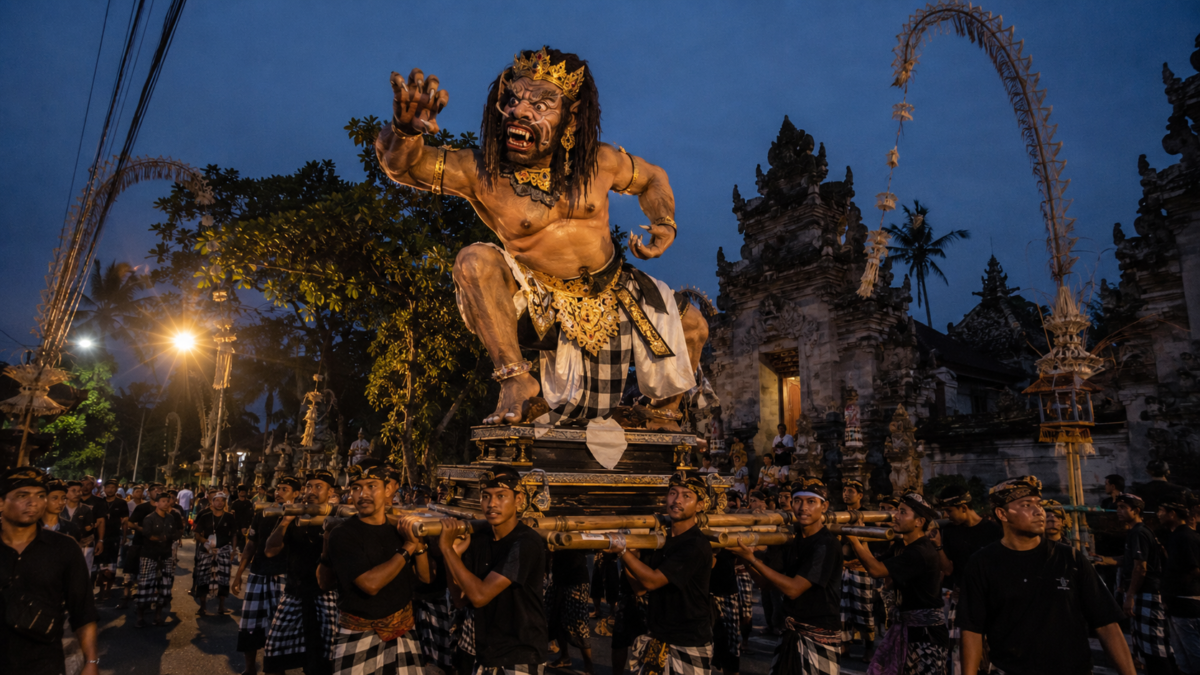 Večerní průvod s obří sochou ogoh-ogoh před svátkem Nyepi na Bali